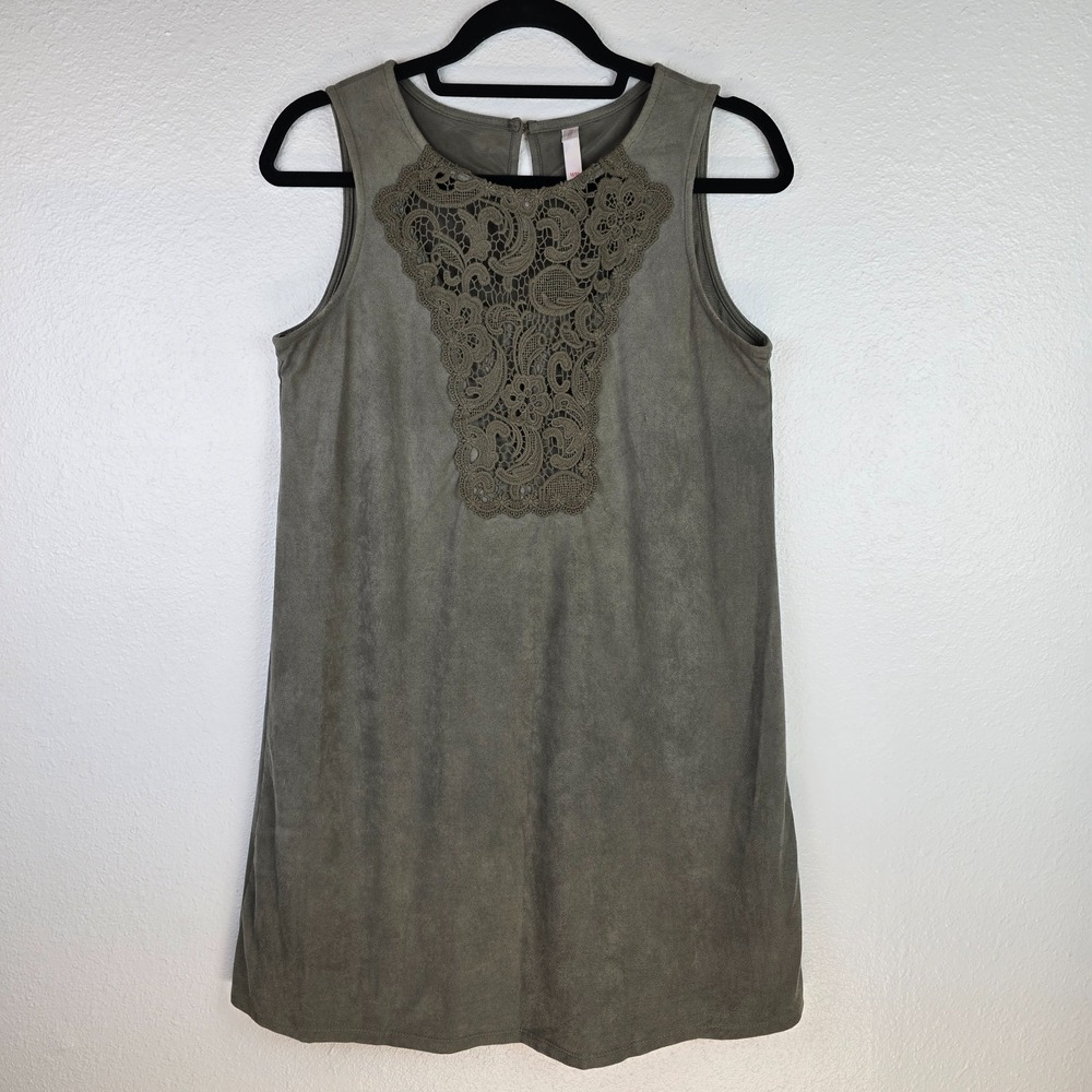 Xhilaration Olive Green Faux Suede Sleeveless Tunic Top Crochet Lace Keyhole MED